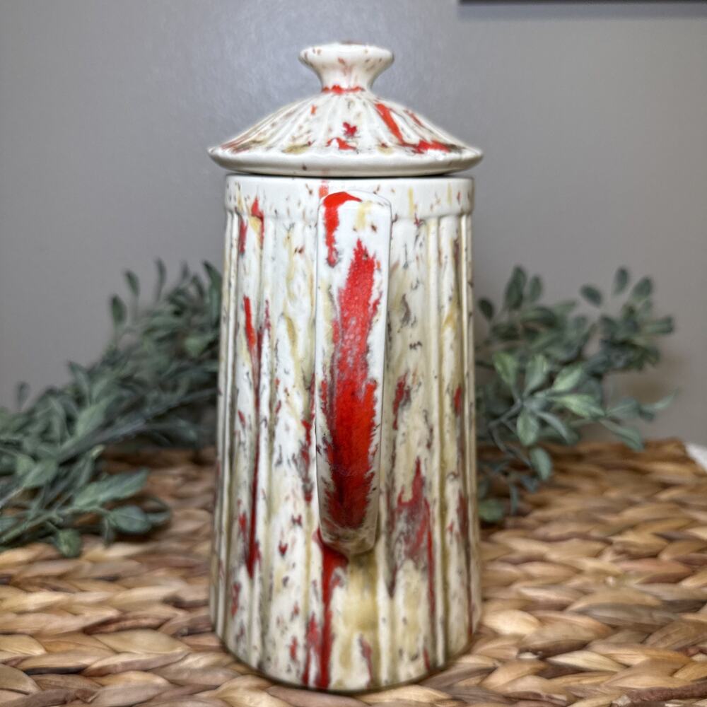 Vintage Studio Pottery Coffee Pot Red Drip Glaze Fluted Ceramic 10” MCM, Chips - Picture 6 of 13
